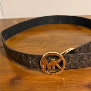 Michael Kors Dark Brown MK Logo Belt with Gold-Tone Round Buckle Fits like a Med